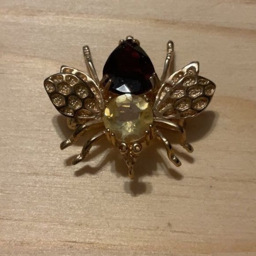 Vintage Gold-Tone Bee Brooch With Yellow & Black Rhinestones